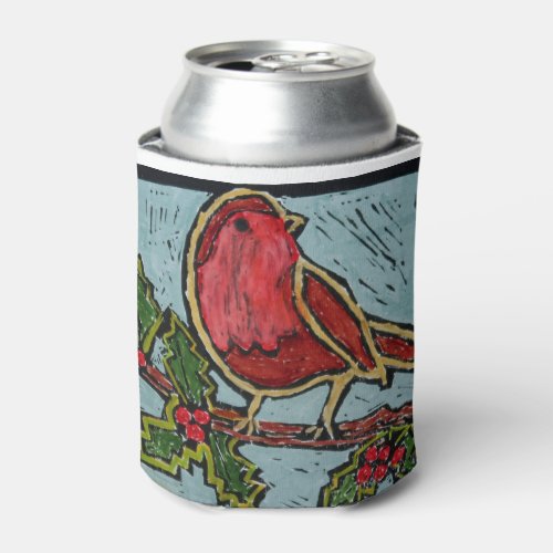 Christmas Red Robin Green Holly Berries Can Cooler