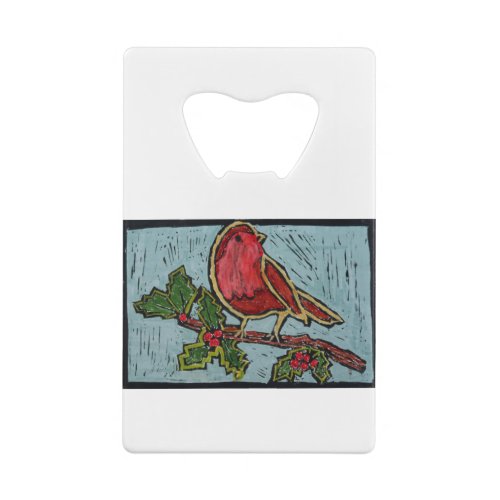 Christmas Red Robin Green Holly Berries Credit Card Bottle Opener