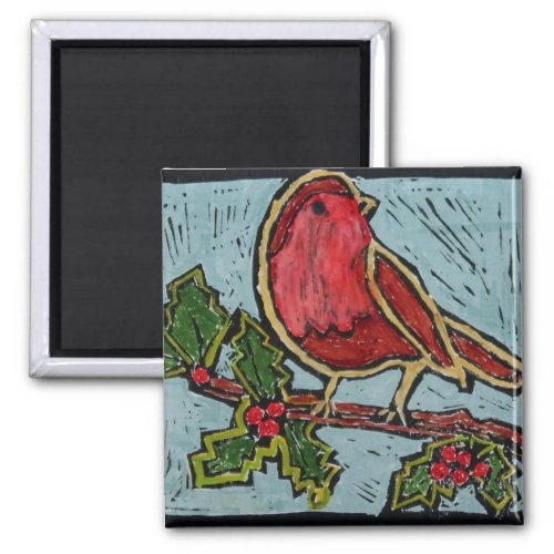 Christmas Red Robin Green Holly Berries Magnet