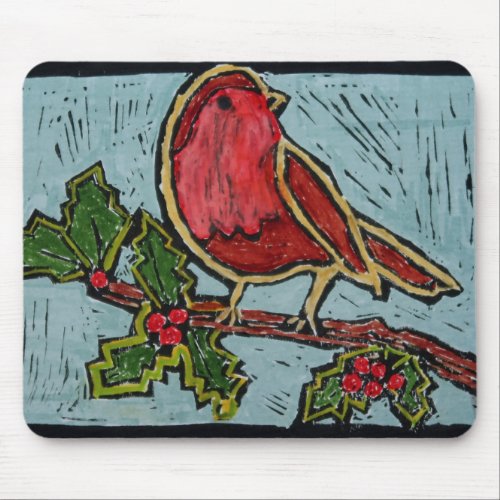 Christmas Red Robin Green Holly Berries Mouse Pad