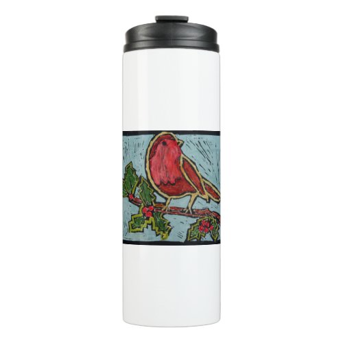 Christmas Red Robin Green Holly Berries Thermal Tumbler