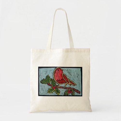 Christmas Red Robin Green Holly Berries Tote Bag