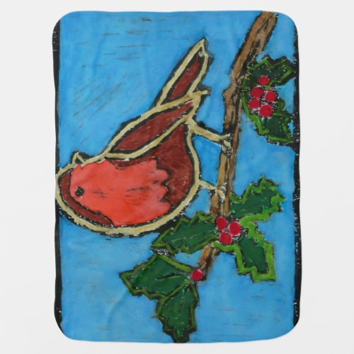 Christmas Red Robin Green Holly Red Berries Baby Blanket