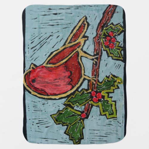 Christmas Red Robin Green Holly Red Berries Baby Blanket