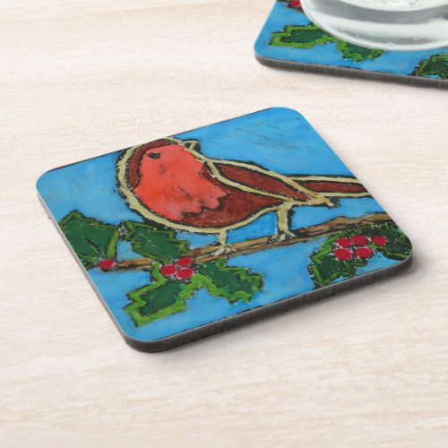 Christmas Red Robin Green Holly Red Berries Beverage Coaster