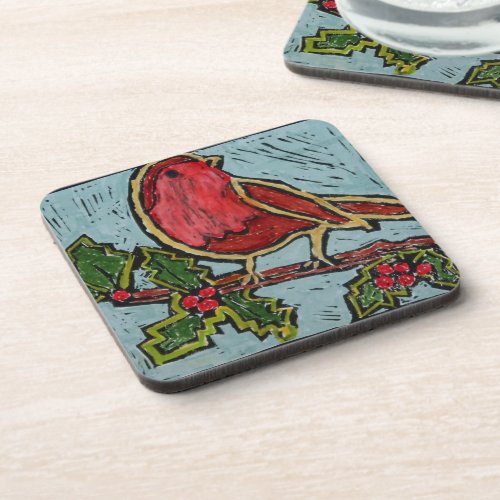 Christmas Red Robin Green Holly Red Berries Beverage Coaster