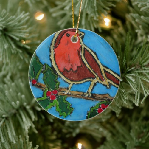 Christmas Red Robin Green Holly Red Berries Ceramic Ornament