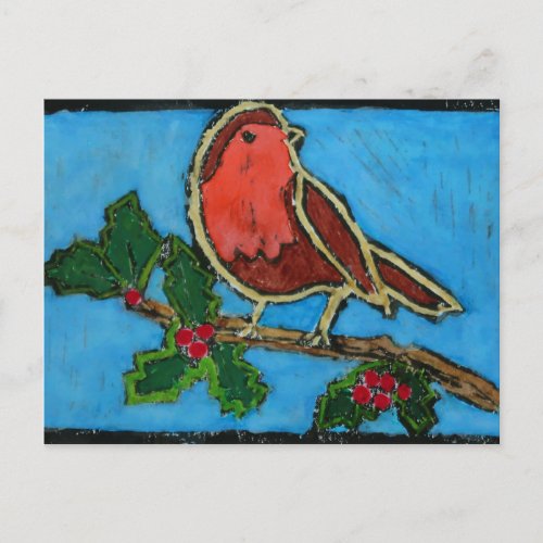Christmas Red Robin Green Holly Red Berries Holiday Postcard