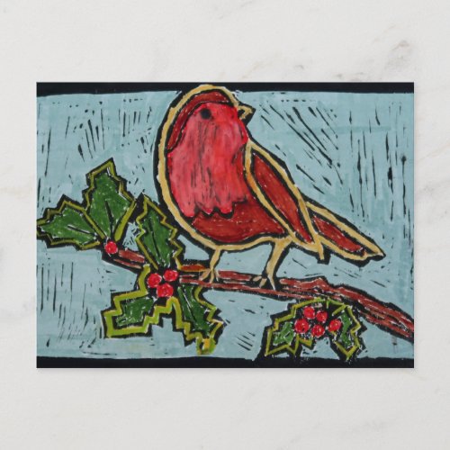 Christmas Red Robin Green Holly Red Berries Holiday Postcard