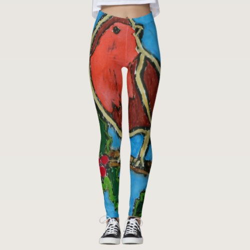 Christmas Red Robin Green Holly Red Berries Leggings