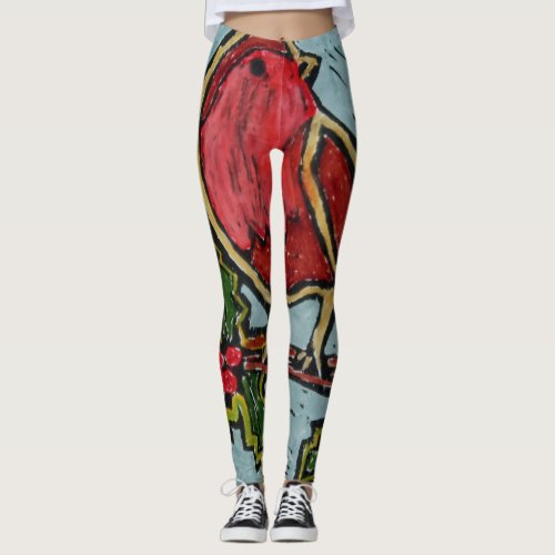 Christmas Red Robin Green Holly Red Berries Leggings