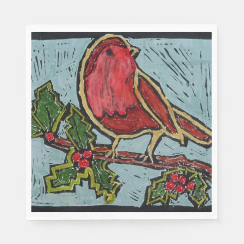 Christmas Red Robin Green Holly Red Berries Napkins