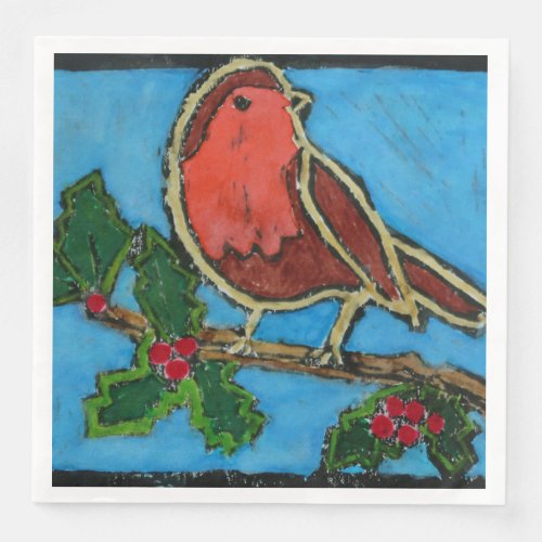 Christmas Red Robin Green Holly Red Berries Paper Dinner Napkins
