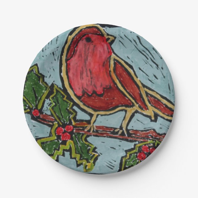 Christmas Red Robin, Green Holly Red Berries Paper Plates (Front)