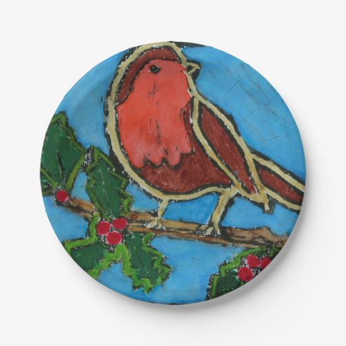 Christmas Red Robin Green Holly Red Berries Paper Plates