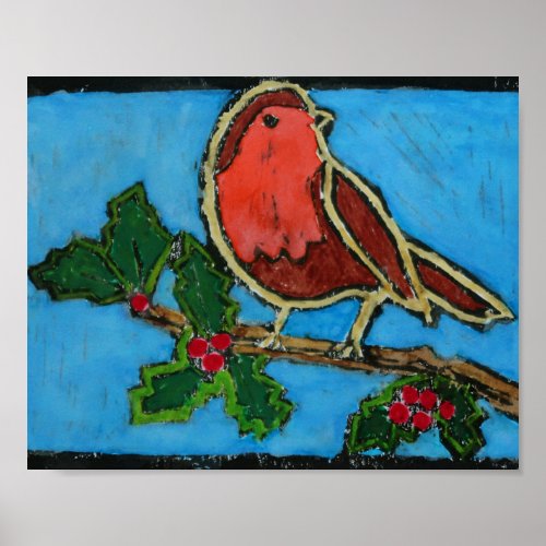 Christmas Red Robin Green Holly Red Berries Poster