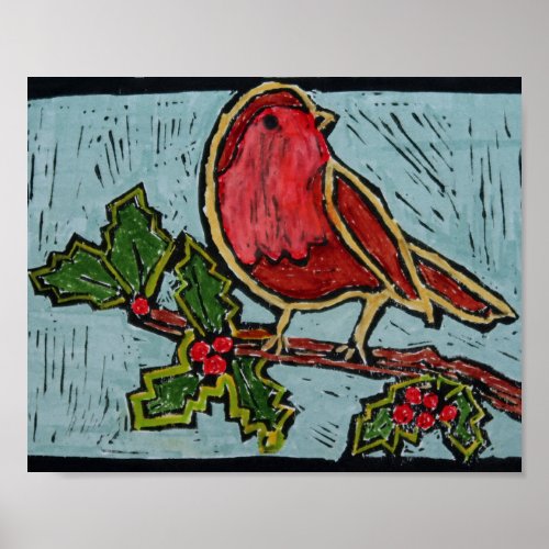 Christmas Red Robin Green Holly Red Berries Poster