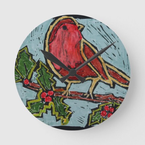 Christmas Red Robin Green Holly Red Berries Round Clock