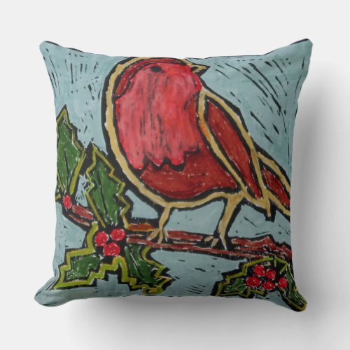 Christmas Red Robin Green Holly Red Berries Throw Pillow