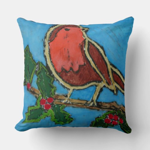 Christmas Red Robin Green Holly Red Berries Throw Pillow