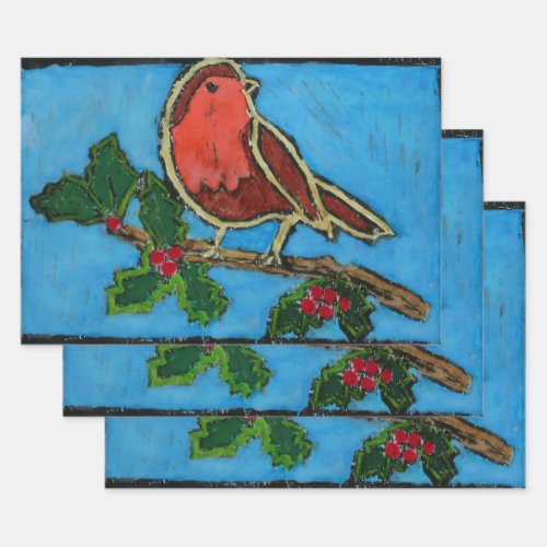 Christmas Red Robin Green Holly Red Berries Wrapping Paper Sheets