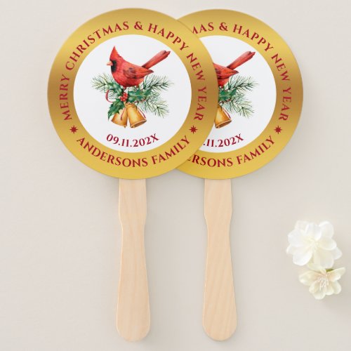 Christmas Red Robin ornament gold and white Hand Fan