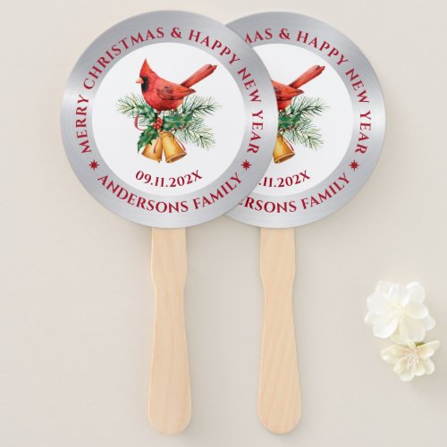 Christmas Red Robin ornament silver and white Hand Fan