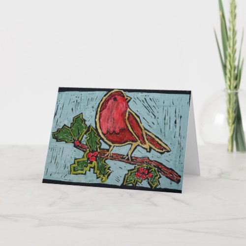 Christmas Red Robin with Green Holly Berries Holiday Card