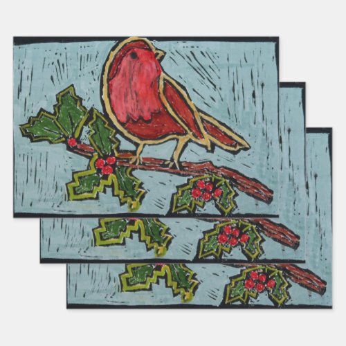 Christmas Red Robin with Green Holly Berries Wrapping Paper Sheets