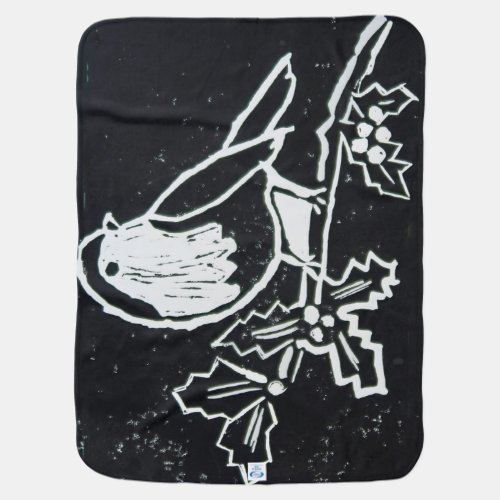 Christmas Red Robin with Holly in Black and White Baby Blanket