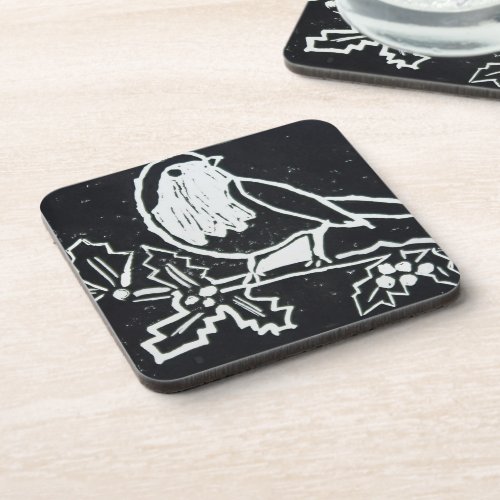 Christmas Red Robin with Holly in Black and White Beverage Coaster