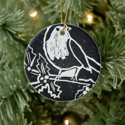 Christmas Red Robin with Holly in Black and White Ceramic Ornament