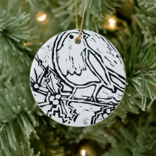 Christmas Red Robin with Holly in Black and White Ceramic Ornament