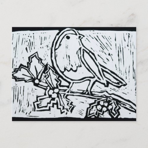 Christmas Red Robin with Holly in Black and White Holiday Postcard