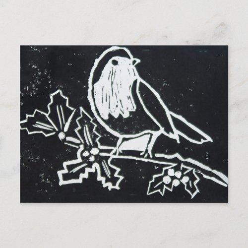 Christmas Red Robin with Holly in Black and White Holiday Postcard