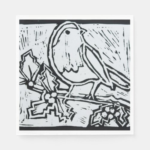 Christmas Red Robin with Holly in Black and White Napkins