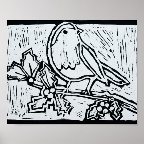 Christmas Red Robin with Holly in Black and White Poster