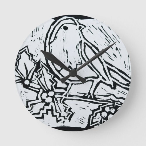 Christmas Red Robin with Holly in Black and White Round Clock