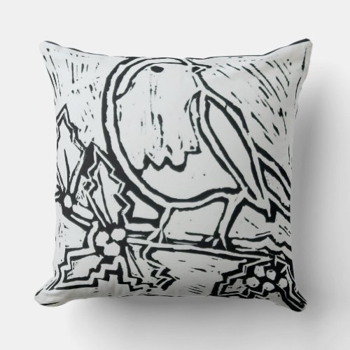 Christmas Red Robin with Holly in Black and White Throw Pillow