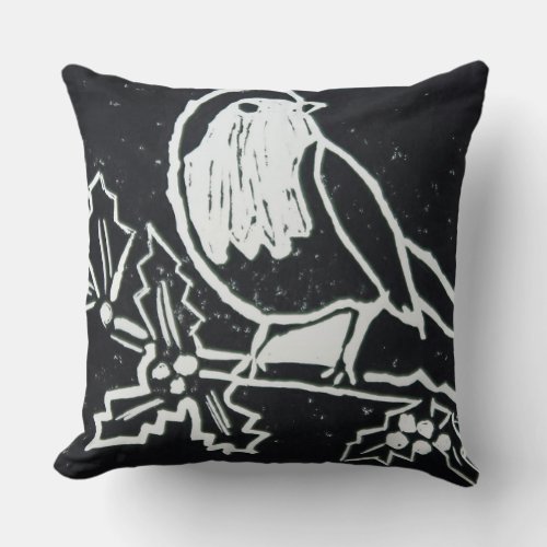 Christmas Red Robin with Holly in Black and White Throw Pillow