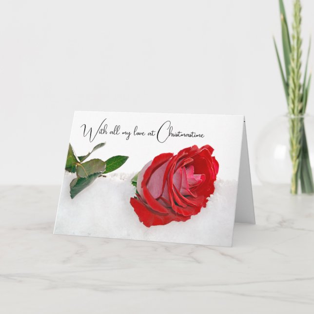 Christmas Red Rose In Snow Holiday Card (Front)