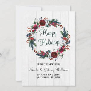 Christmas Red Rose with Pine Floral Wreath Moving Announcement