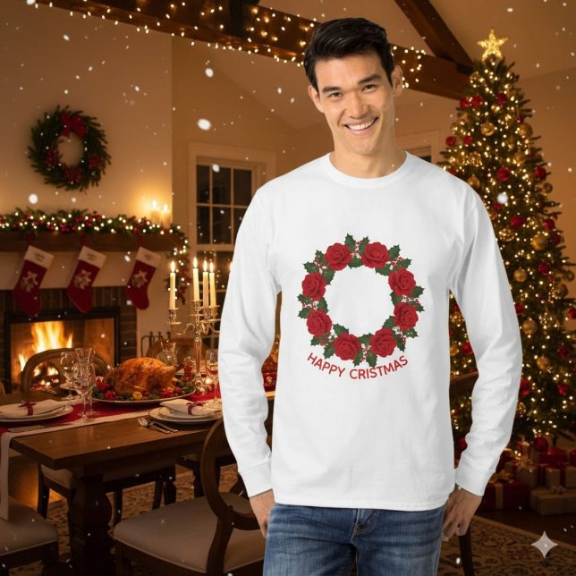 Christmas Red Rose Wreath Happy Christmas T-Shirt (Creator Uploaded)