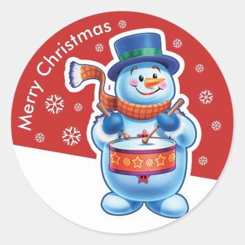 Christmas red round sticker Snowman drummer