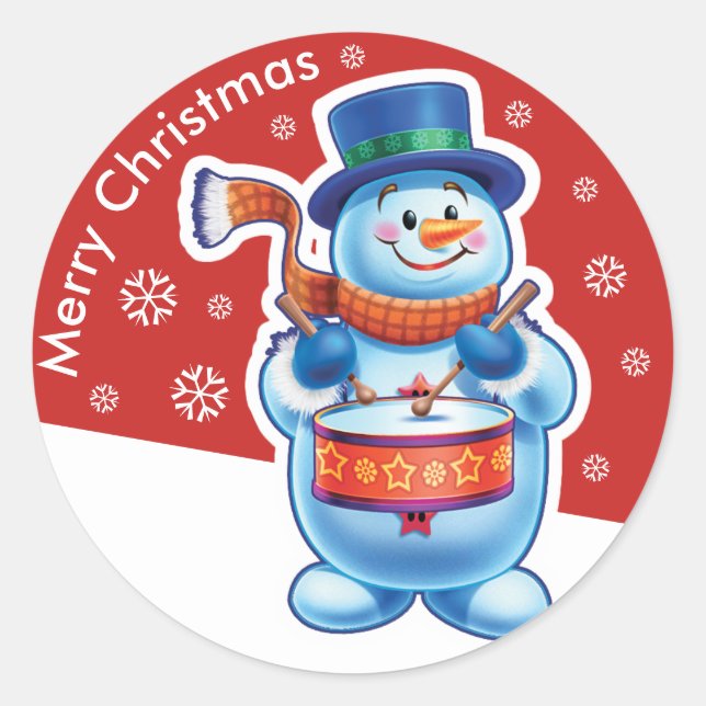 Christmas red round sticker Snowman drummer. (Front)