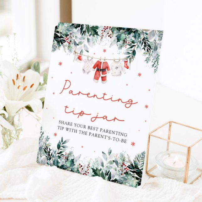 Christmas Red Santa Baby Parenting Tip Jar Game Pedestal Sign (Watercolor Christmas Red Santa Baby Parenting Tip Jar Game Pedestal Sign)