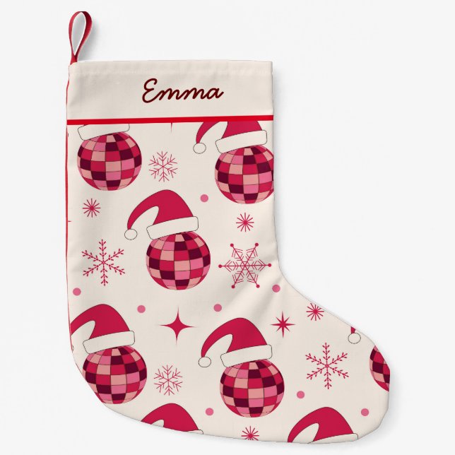 Christmas Red Santa Disco Balls Custom Name  Small Christmas Stocking (Front)