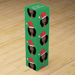 Christmas Red Santa Hat, Black Woman, Green Wine Box