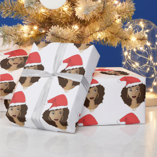 Christmas Red Santa Hat, Black Woman, Natural Hair Wrapping Paper