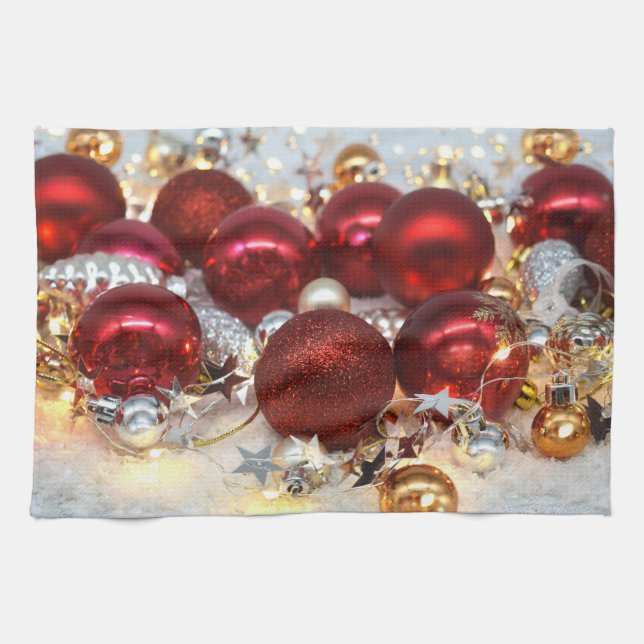 Christmas Red & Silver Decor Balls Kitchen Towel (Horizontal)
